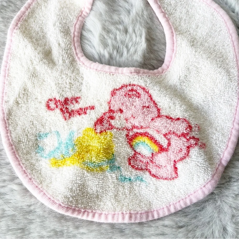 CARE BEARS Vintage Terrycloth Baby Bib “Cheer Bear” with Pink Edge